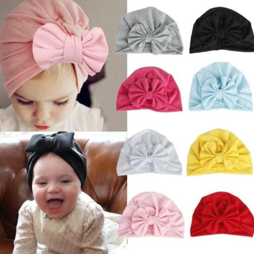 Newborn Solid 8 Color Hat For Baby Turban Pom Beanie Cap Yoga Hat Bobble Girl Baby Child Bowknot Stretchy Hat Hair Head Wrap Cap