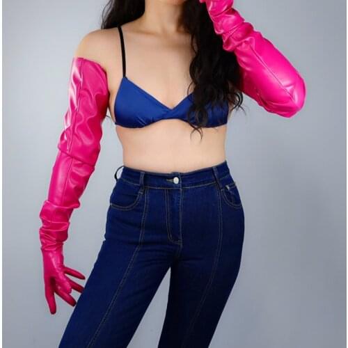 2021 New Women PU Gloves Loose Long Faux Leather Glove 90cm Big Sleeve Amulation Sheepskin Rose Pink WPU302