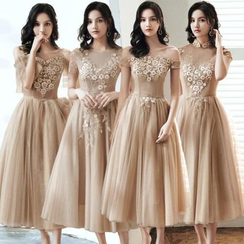 Bridesmaids Dresses Illusion Off The Shoulder A-Line Boat-Neck Embroidery Lace Tulle Ankle-Length Women Wedding Party Gown E373