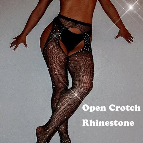 Sexy Stockings Open Crotch Women Tights Fishnet Stockings Rhinestone Shiny Antyhose Medias Collant Femme Lenceria Lingerie SW071