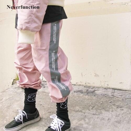 Men New Stitching Reflective Side Stripe Letter Embroidery Track Pants Streetwear Pink Windbreaker Sweatpants Joggers Trousers
