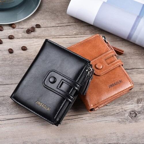 JINBAOLAI Buckle Retro Mens Wallet Folding Mens Purse Multi-function Double Zipper Coin Purse Soft PU Short Wallet Men