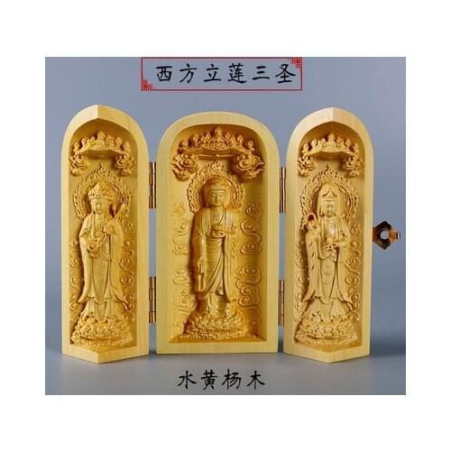 Statuette Home Buxus microphylla carving decoration Buddha Guanyin Sam West Wood Portable shrines fukurokuju box opening three