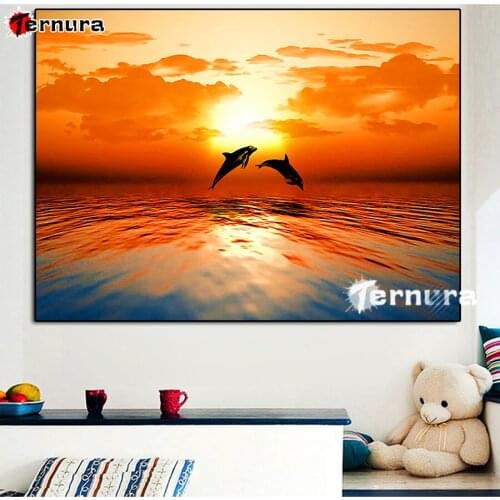 Living room decoration art Sunset dolphin seascape diy diamond Painting 5d diamond Mosaic square round diamond fish embroidery