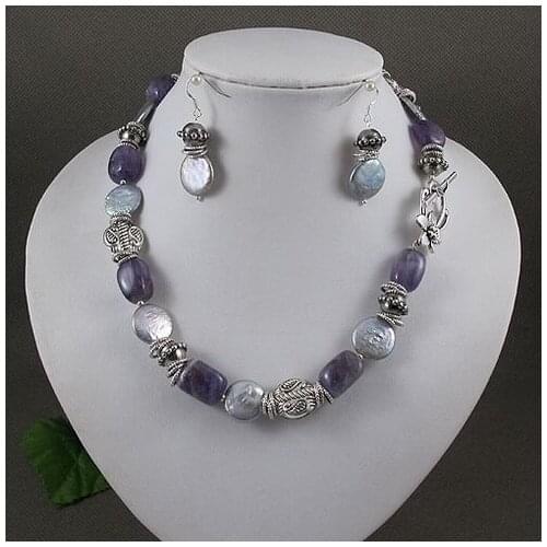 Unique Pearls jewellery Store,Gray Coin Pearls Purple Amethers Tible Silver Necklace 925 Silver Dangle Earrings Jewelry Set