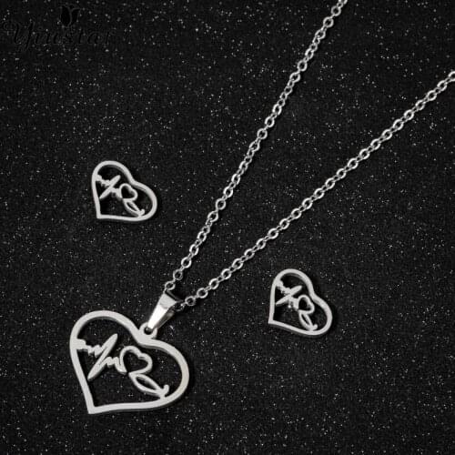 Yiustar Trendy Love Heartbeat Hollow Geometry Jewelry Sets Pendant Necklace Stainless Steel Stud Earring For Women Party Gift