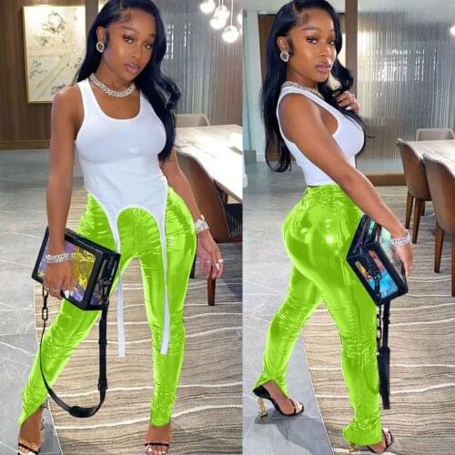 Plus Size Black PU Faux Leather Pants Women Ladies Trousers Skinny High Waist Party Club Split Hem Flare Pants Pantalon Femme