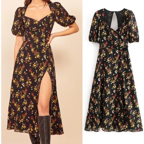 New Sexy Women Dress Floral Deep V Low-cut Back Cutout Side Slit Long Dress party maxi Waist vestidos