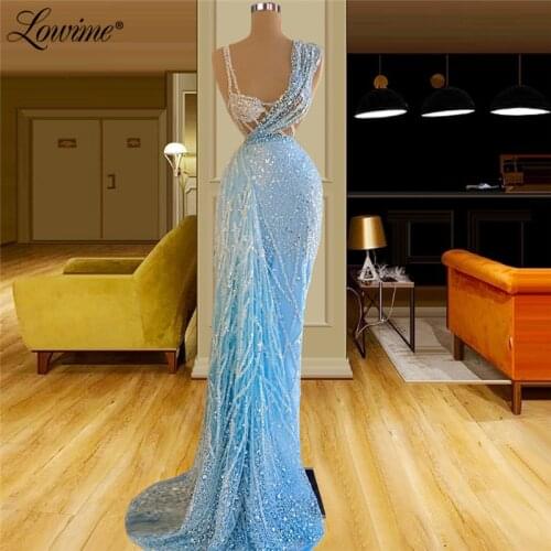 Lowime Blue Beads Evening Dresses 2021 Luxury Plus Size Elegant Women Party Night Celebrity Dresses Long Prom Dress Mermaid Robe