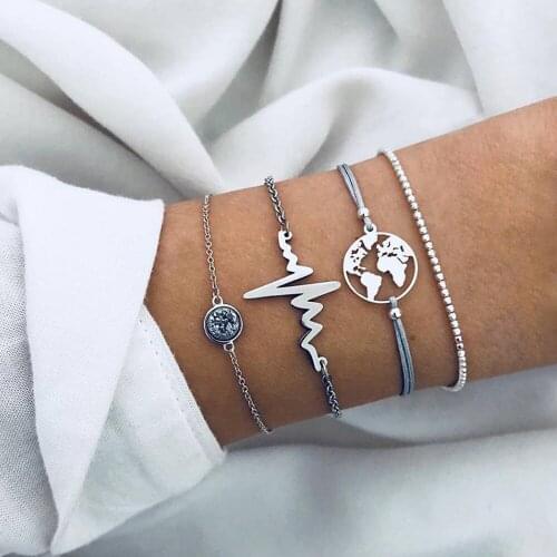 4 Pcs/Set Bohemian Women Fashion Retro Heartbeat Geometric Crystal Map Rice Beads Bracelet Set Charm Christmas Gifts