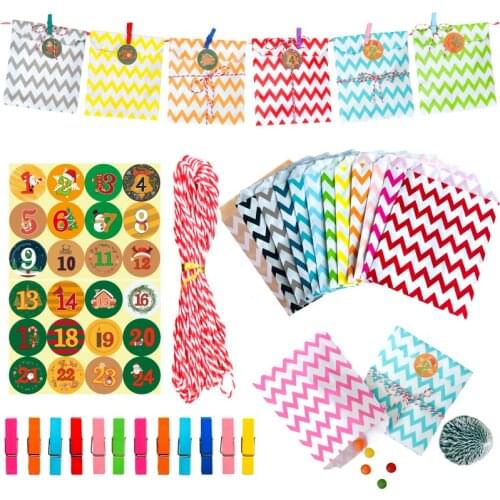 24pcs Colorful Zigzag Paper Bags Merry Christmas Gift Bag Xmas Party Decoration Candy Cookie Bag with Number Stickers Clips Rope