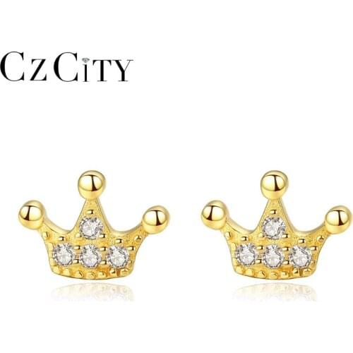 CZCITY 925 Sterling Silver Cute Princess Crown Stud Earrings for Women Sparkling Femme Earrings Jewelry Party Accessories Gifts