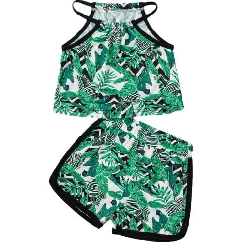 Children Leaf Print Clothes Set, Girls Sleeveless O-neck Tops+Side Split Short Pants for Summer 1-5T