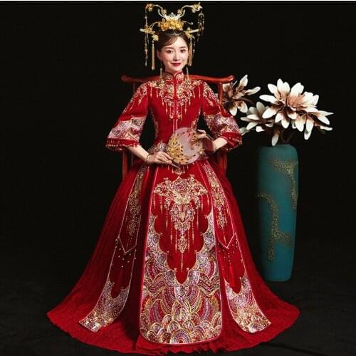 Banquet Elegant Bride Qipao Classic Chinese Style Traditional Wedding Long Cheongsam Dress