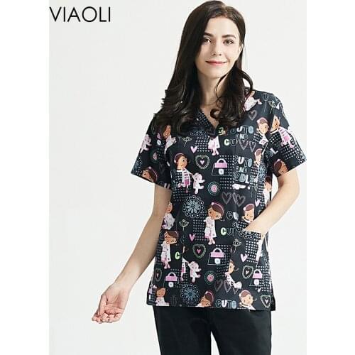 100% Cotton Unisex Beautician sets summer Cartoon printing scrubs tops Short-sleeved scrubs suits V-neck lab working tops/pants