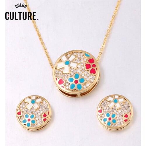 Top Quality Jewelery Set Earrings Zircon Necklace Enamel vintage sets Round Pendant New Year gifts