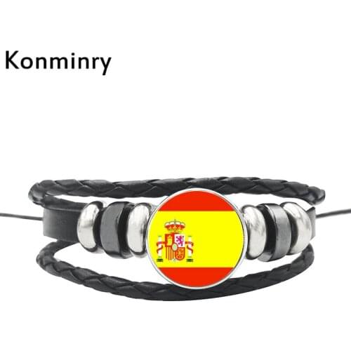 Konminry Spain Greece Scotland UK Estonia Ireland Leather Rope Bracelets Glass Button Nation Flag Adjustable Bangle Men Women