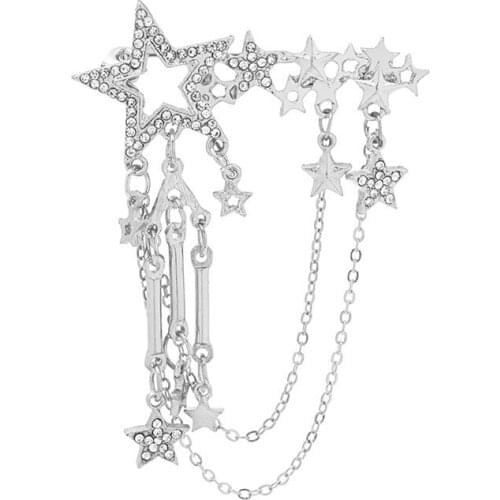 Fashion Metal Star Crystal Brooch Rhinestone Tassel Chain Corsage Shirt Suit Collar Pins Jewelry for Women and Men Accessories