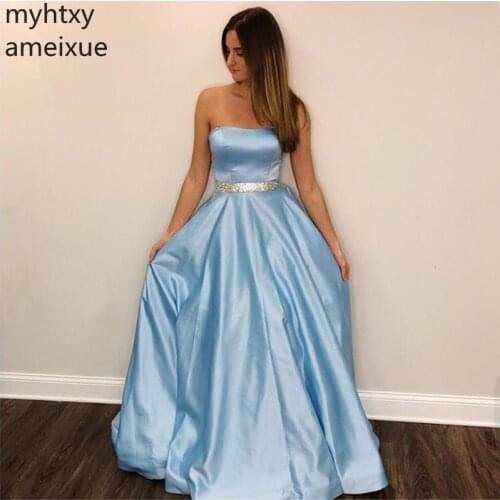 Custom Light Sky Blue Event Prom Dresses A-line Strapless Evening Gowns Floor Length Custom Women Formal Party Dress Beaded Sash