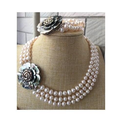 Fashion new 3 rows7-8mm south sea white round pearl necklace 17"-18"-19" &bracelet 8"
