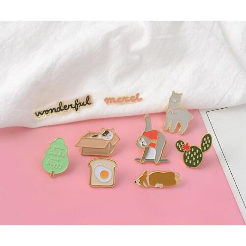 Lovely Cartoon Pins Cactus Tree Toast Alpaca Cat in box Alpaca Toast Corgi Pins Badges Enamel Pins Lapel Pin For Women Men