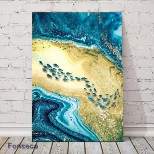 Luxury Abstract Decorative Canvas Painting Gold Foil Fish Beach Wall Art Pictures For Aisle Modern Aesthetic Room Decoration