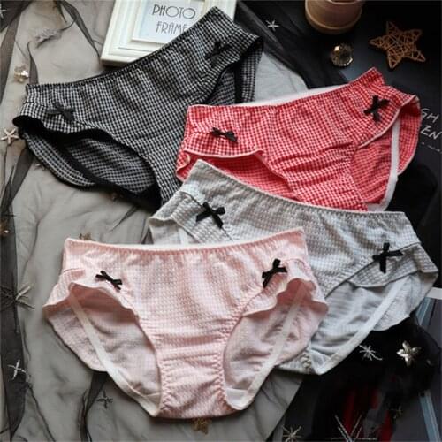Cute Plaid Cotton Wood Ears Edge Girls Underwear Sexy Bow Low-Waisted Panties Buttocks Temptation Womens Briefs Sex Lingerie