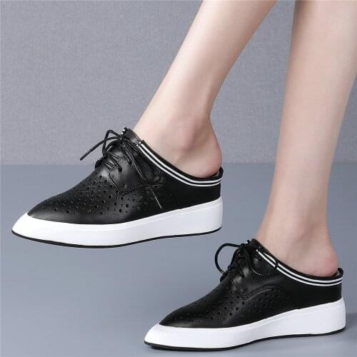 Platform Oxfords Shoes Women Lace Up Cow Leather Wedges High Heel Gladiator Sandals Female Summer Pointed Toe Fashion Sneakers
