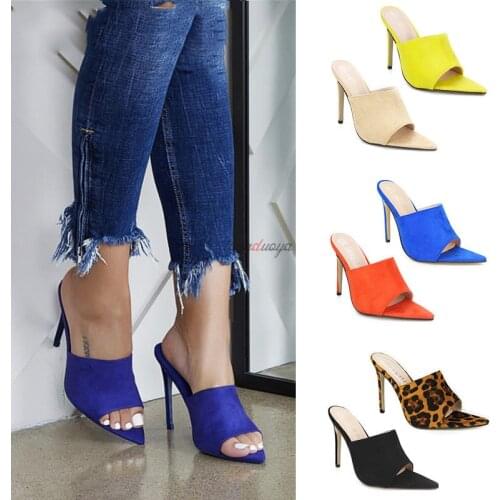 2021 Summer Womens Shoes High Heel Sandals Solid Color Pointed Toe Stiletto High Heels Slippers Slides Women Mules Plus Size