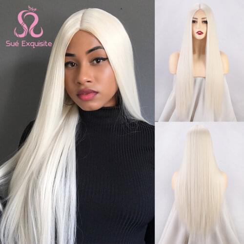 SUe EXQUISITE Synthetic Wigs For Black Women Long Straight Wigs White/Blonde/Purple Wig Middle Part Cosplay Wigs for Party
