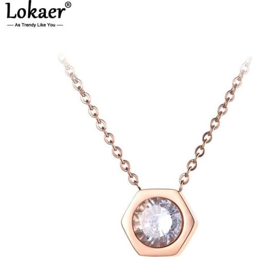 Lokaer OL Style Rose Gold Hexagon Geometry Pendant Necklace Stainless Steel CZ Crystal Neckalce Jewelry For Women Girls N19041