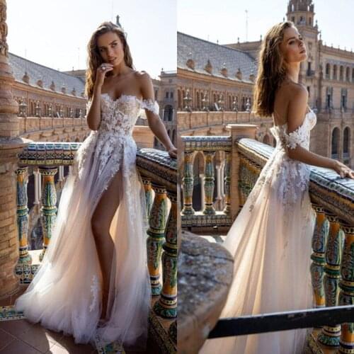 Boho Tulle Wedding Dresses Off the Shoulder Lace Appliques A Line Beach Bridal Gown Sexy High Split Wedding Gowns
