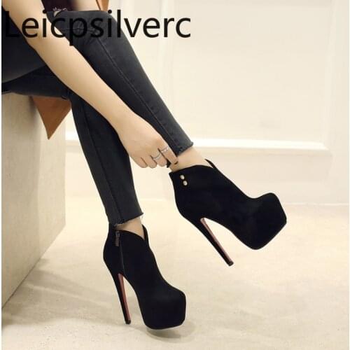 Womens Boots The New winter Round head fashion zipper High heel Ankle boots Womens shoes 334-39 Heel Height 16cm black