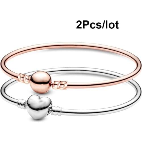 2Pcs/lot 2021 New Silver Color Heart Chain Charm Bracelets & Bangles For Women Men 17CM/19CM/21CM Pulseras High Quality