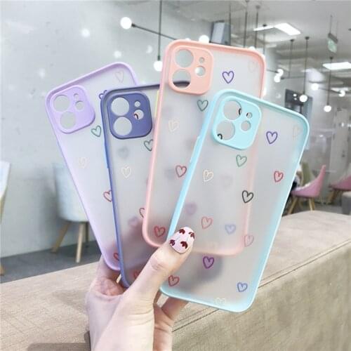 Cute Colorful Love Heart Case For iPhone 12 11 Pro Max XS Max XR X 12 Mini 7 8 Plus SE 2020 Matte Bumper Shockproof Clear Cover