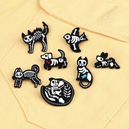 Punk Style Animel Skeleton Enamel Pins Cat Dog Rabbit Bird Brooches Badge Women Lapel Pin Clothes Bag Jewelry Gift For Friend