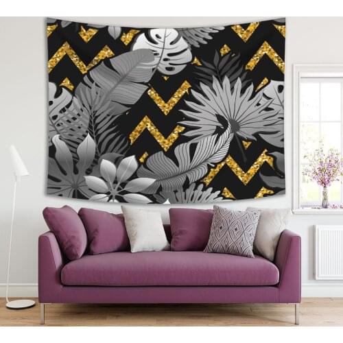 Tapestry Palm Leaves Pattern on Gold Zigzag Summer Exotic Tropical Nature Plants Floral Artwork Gray Black Yellow