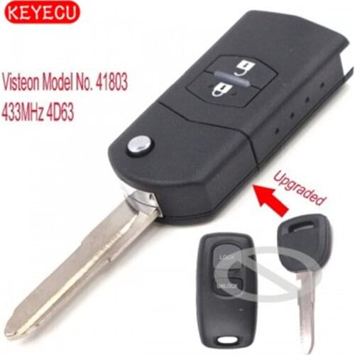 Keyecu Upgraded Flip Remote Car Key 2 Button 433MHz 4D63 Chip Fob for Mazda 2 3 6 2002-2005 Visteon Model No. 41803