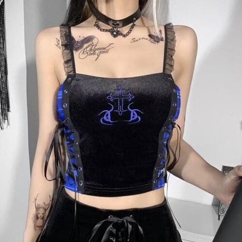 Summer Vintage Sexy Party Club Blue Contrast Splicing Bandage Slim Fit Short Fashion Tops Punk Gothic Backless Hot Girl Camisole