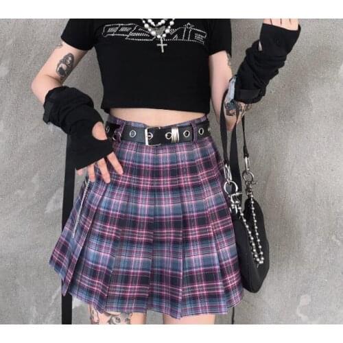 New Gothic Punk Harajuku Women Shorts Casual Cool Chic Preppy Style Plaid Pleate Purple Female Fashion Shorts Skirts With Belt
