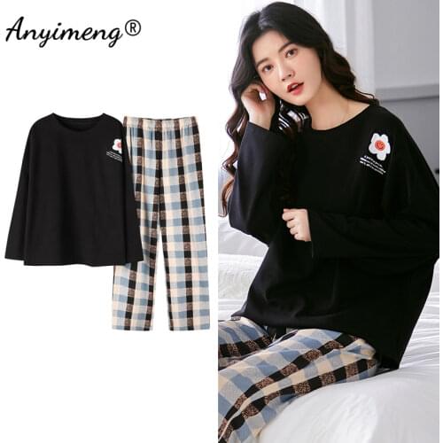 HOT Autumn Winter New Pajamas Set for Women Fashion Cool Bear Pijamas Cotton Kawaii Girl Sleepwear O-neck Pjs Girls Loungewear