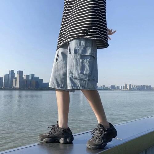Tooling denim shorts mens summer new loose casual five-point straight pants Hong Kong style trend handsome student pants