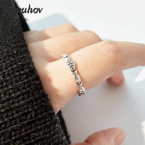 Ropuhov 2021 New 925 Silver Retro Fashion Small Fish Ring Hipster Creative Old Marcasite Exquisite Literature Fish Opening Ring