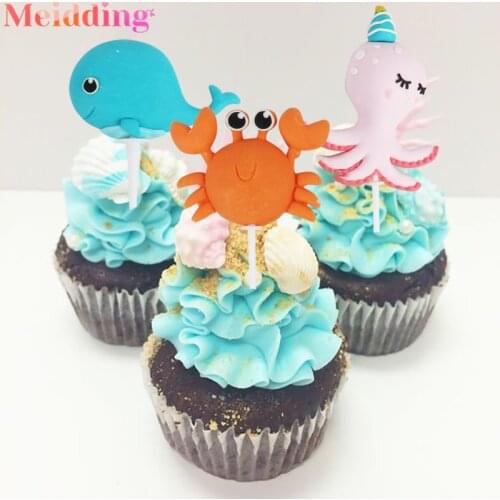 Mermaid Birthday Topper Cake Decorations Octopus Hippocampus Crab Cupcake Toppers Girl Birthday Dessert Cake Topper Babyshower