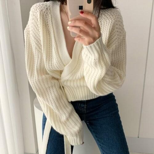 Casual Sexy V-neck Drawstring Sweaters for Women All-match Solid Color Long Sleeve Knitted Cardigan Winter Clothes Women Tops
