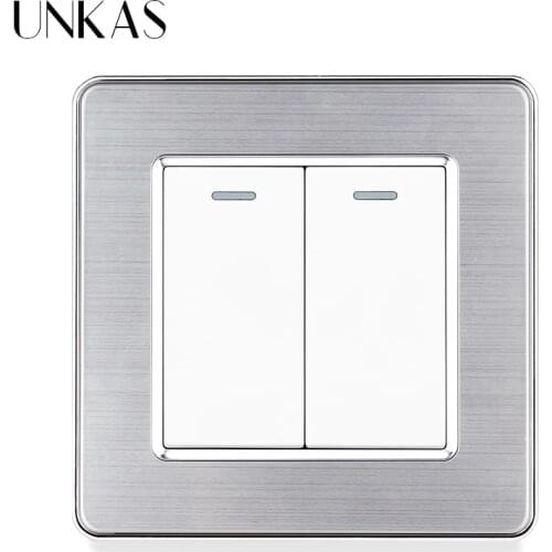 UNKAS Grey Stainless Steel Panel 2 Gang 1 / 2 Way On / Off Wall Light Push Button Gray Wall Light Switch 10A / 16A