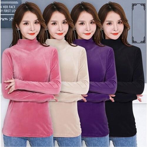 2021 Winter Thick Warm Solid Base T-Shirt Women Double-Sided Velvet Half Turtleneck Bottoming Top Fashion Long Sleeve Soft Tees
