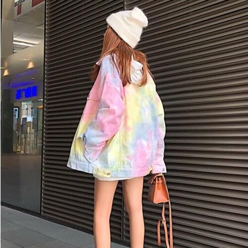 Harajuku Tie Dye Denim Jacket Women Long Sleeve Pocket Oversized Street Style Spring Autumn Jeans Jacket Cazadora Vaquera Mujer