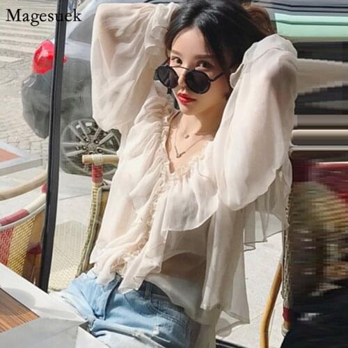 V-neck Sexy See Through Mesh Summer Women Shirts Elegant Chiffon Blouses Flare Sleeve Ruffles Peplum Tops Ladies Blusas 13459