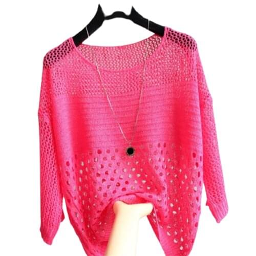 Womens Thin Cutout Pullover Spring And Summer New Solid Color Five-Point Sleeve Sweater Fashion Loose Mesh Top With Suspenders